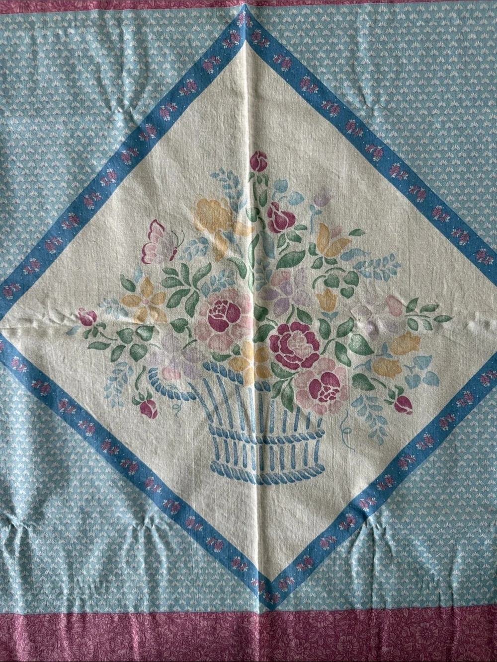 Vintage Floral Basket Quilted Fabric Piece